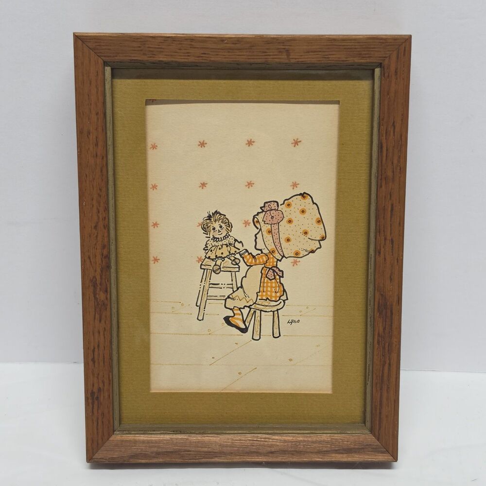 VTG MCM Holly Hobbie Graphic Drawing Framed Wall Art Nursery Decor Signed Lynn